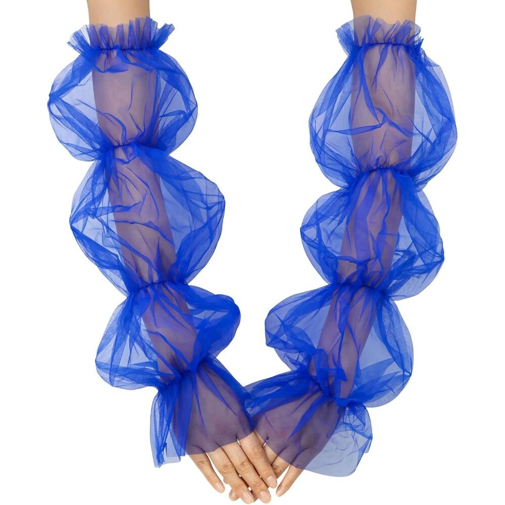 Women's Royal Blue Fingerless Elegant Fancy Stretchy Tulle Mesh Puffy Long Glove